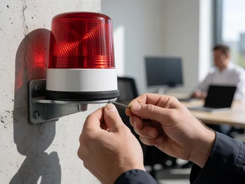 Main ajustant une vis sur une sirène d'alarme rouge fixée à un mur en béton, avec un outil de précision visible et une lumière solaire intense.