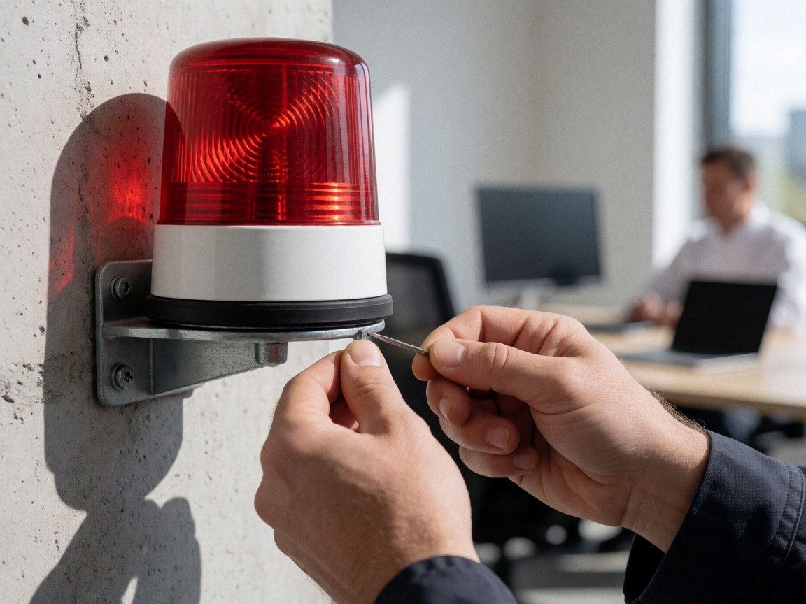 Main ajustant une vis sur une sirène d'alarme rouge fixée à un mur en béton, avec un outil de précision visible et une lumière solaire intense.