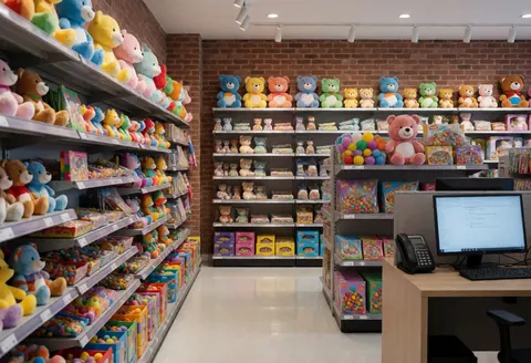 Intérieur d'un magasin de jouets avec murs en briques, étagères remplies de peluches et bonbons, sol poli et réfléchissant, et caisse enregistreuse sur le comptoir.