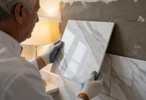 Un carreleur expérimenté applique des carreaux de marbre blanc et gris sur un mur en ciment dans une salle de bain en construction éclairée par une lampe à lumière chaude.