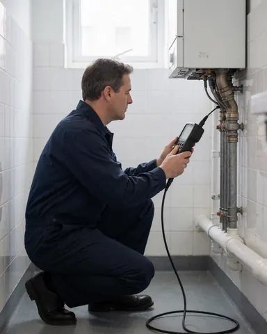 Technicien en uniforme bleu inspecte une chaudière avec un analyseur de gaz dans un local technique aux murs blancs et à la lumière naturelle.