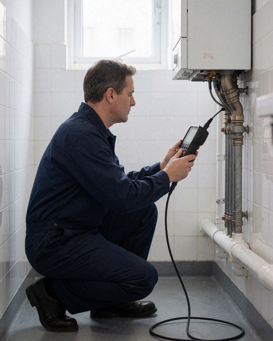 Technicien en uniforme bleu inspecte une chaudière avec un analyseur de gaz dans un local technique aux murs blancs et à la lumière naturelle.