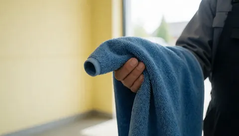 Un professionnel du lavage auto tient une serviette bleue pour sécher un véhicule devant un mur jaune en lumière naturelle, détail du travail.