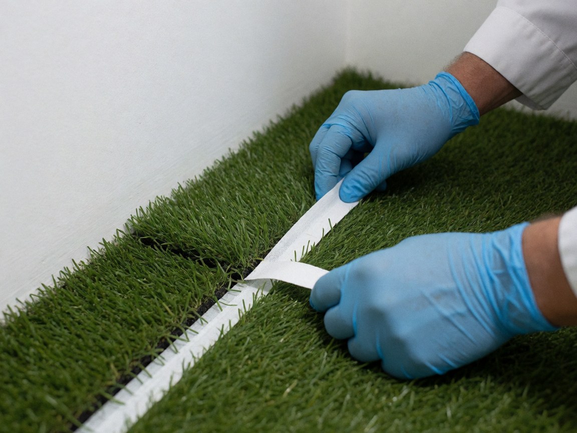 Des mains portant des gants bleus assemblent deux sections de gazon synthétique vert avec une bande blanche, sur fond de mur blanc, détail d'installation de court de tennis.