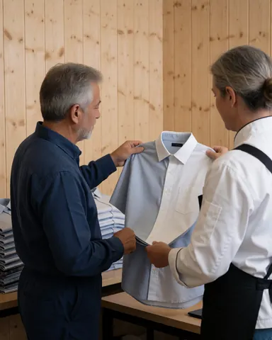 Une cliente examine attentivement une chemise en tissu avec une employée dans un magasin de vêtements aux murs en bois et aux piles de chemises.
