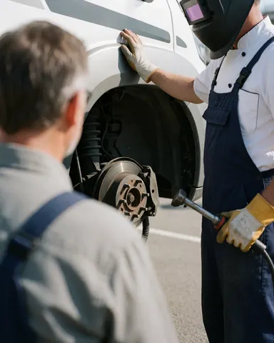 Technicien portant un casque de soudage et client observant le frein réparé de la camionnette dans un atelier en plein air.