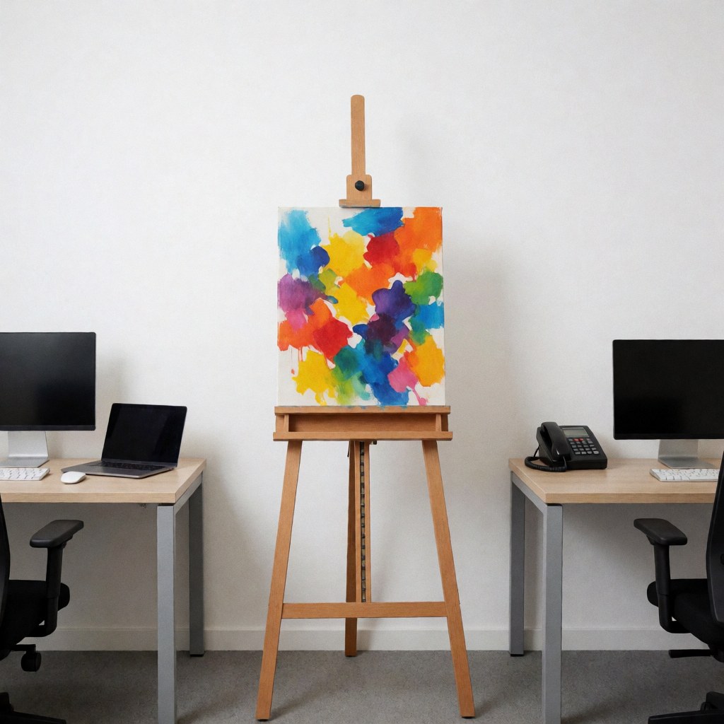 Peinture abstraite aux couleurs vibrantes posée sur un chevalet en bois, dans une salle d'art aux murs blancs et à l'éclairage professionnel.