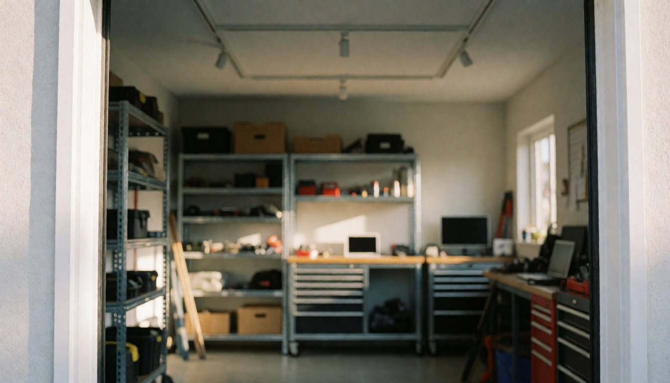 Vue d'un atelier professionnel de portes de garage équipé d'étagères métalliques, de tables de travail et d'outils, baigné de lumière naturelle.