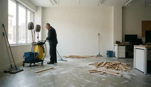 Un homme effectue un service de nettoyage en action dans un bureau vide avec un sol en béton et du bois usé.