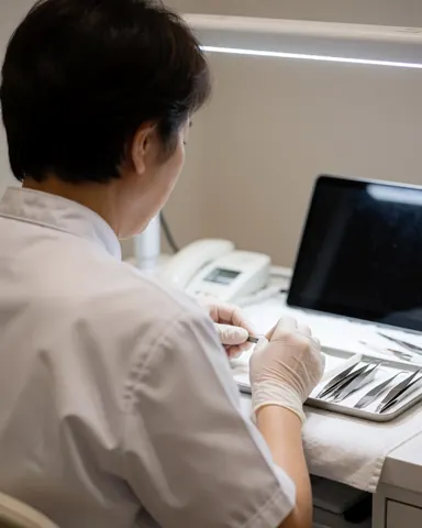 Technicien en uniforme blanc et gants organisant des pinces sur un plateau posé sur une table de travail éclairée dans un salon de extensions de cils.