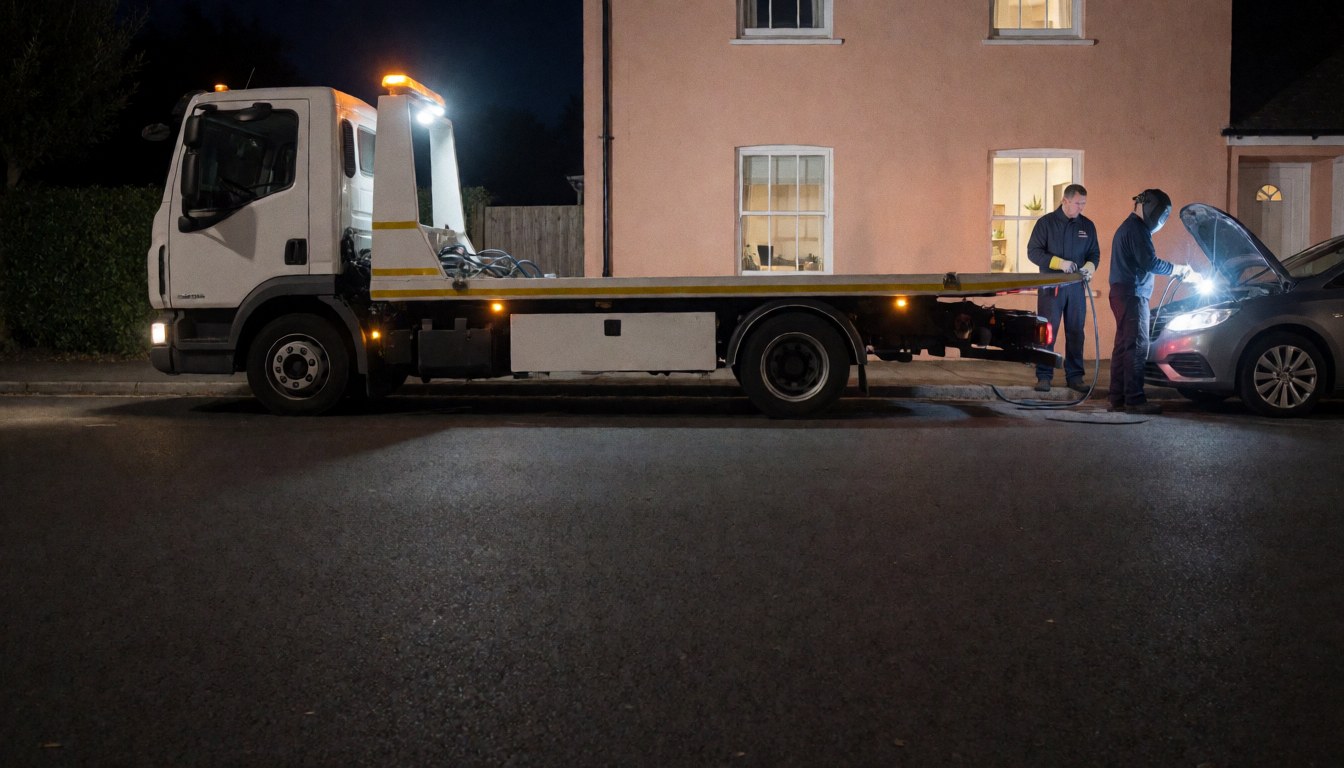 Deux ouvriers de remorquage assistent un véhicule en panne la nuit, éclairés par les projecteurs du camion et les lampadaires devant une maison.
