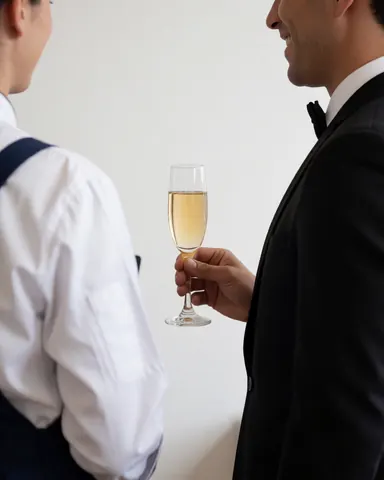 Un serveur en costume sert un verre de champagne à un client lors d'une soirée élégante sur fond blanc, illustrant le service événementiel.