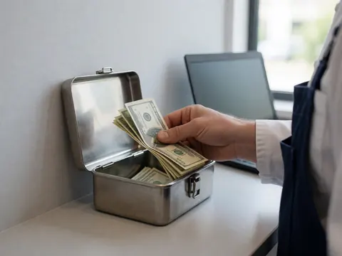 Une main compte des billets de banque à l'intérieur d'un coffre-fort métallique ouvert posé sur une table, avec un ordinateur portable en arrière-plan.