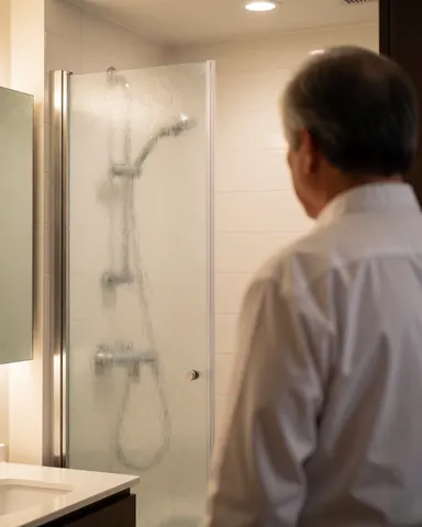 Un client adulte regarde une nouvelle porte de douche en verre dans une salle de bain moderne aux murs blancs et à l'éclairage chaleureux.