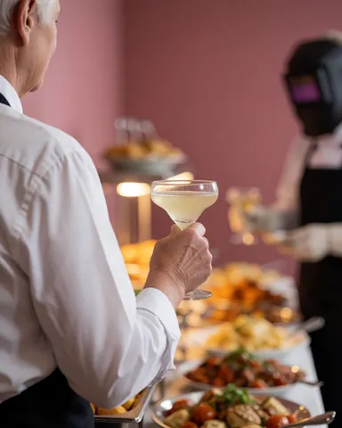Un client savoure un cocktail lors d'un buffet varié, dans un cadre avec un mur rose et une lumière chaleureuse, idéal pour les événements de centre de spectacles.