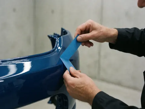 Main retirant du ruban de masquage bleu d'un pare-chocs brillant sur fond de mur en béton, avec tenue de travail visible en détail