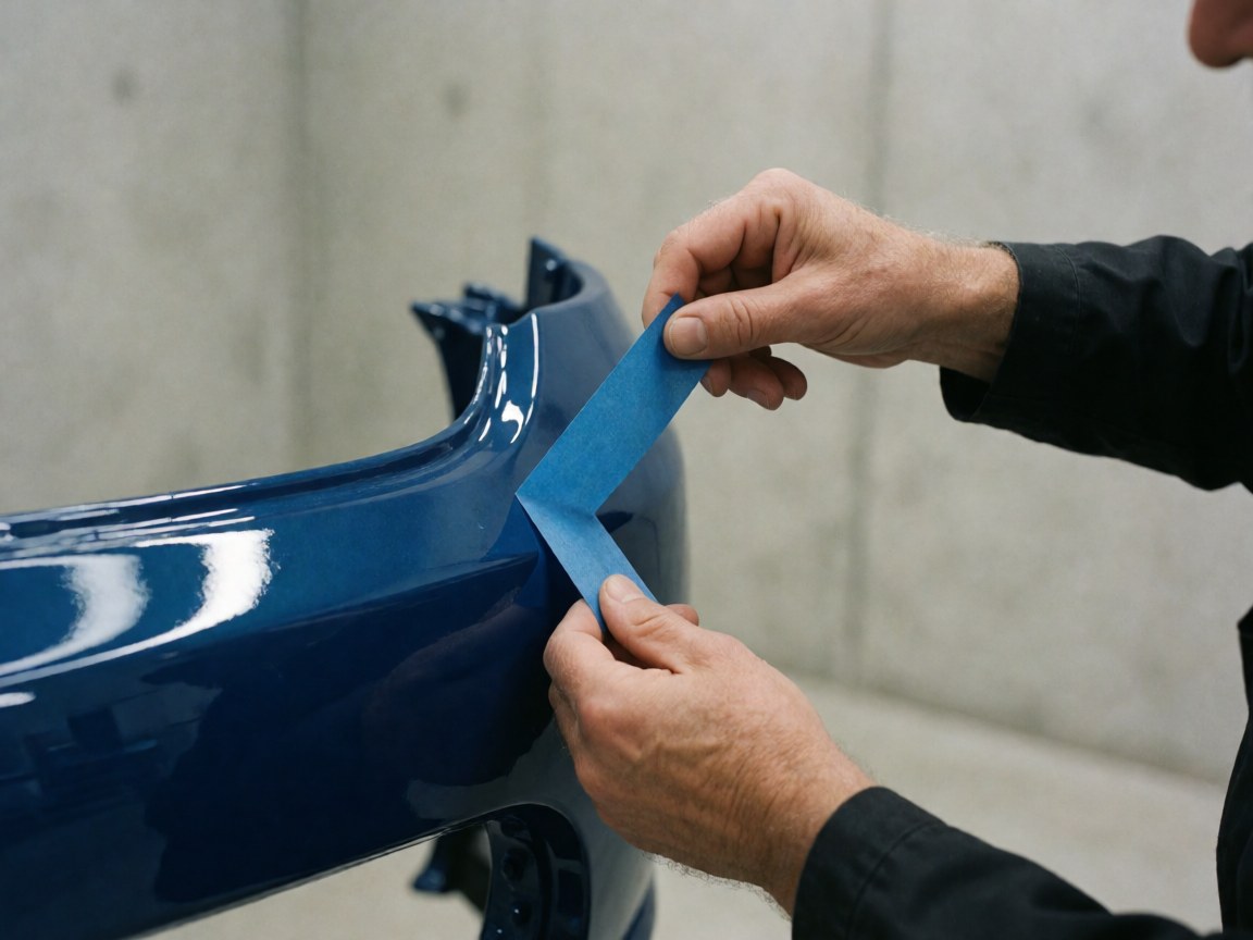 Main retirant du ruban de masquage bleu d'un pare-chocs brillant sur fond de mur en béton, avec tenue de travail visible en détail