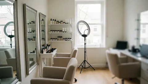Intérieur d'un studio de maquillage équipé de grands miroirs, de chaises confortables et d'étagères remplies de produits cosmétiques, baigné de lumière naturelle et d'un éclairage à anneau.