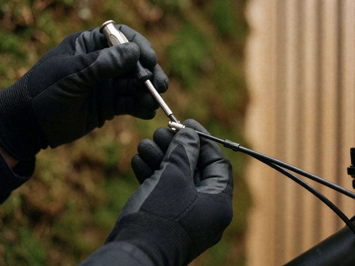Des mains gantées de noir règlent un câble de vélo à l'aide d'un tournevis de précision sur un fond vert et une paroi en bois.