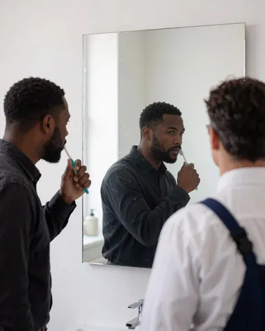 Un client barbu se brosse les dents devant un miroir sans cadre tandis qu'un installateur de salles de bains observe le résultat de son travail.