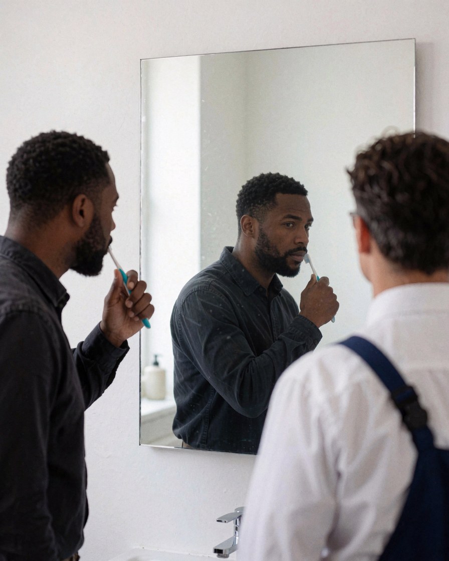 Un client barbu se brosse les dents devant un miroir sans cadre tandis qu'un installateur de salles de bains observe le résultat de son travail.
