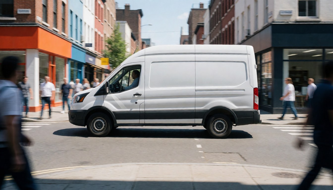 Un camion blanc circule sur une intersection avec des piétons et des magasins en arrière-plan sous un soleil éclatant.