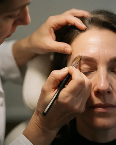 Un professionnel applique du gel sur les sourcils d'un client à l'aide d'un pinceau fin dans un salon de beauté.