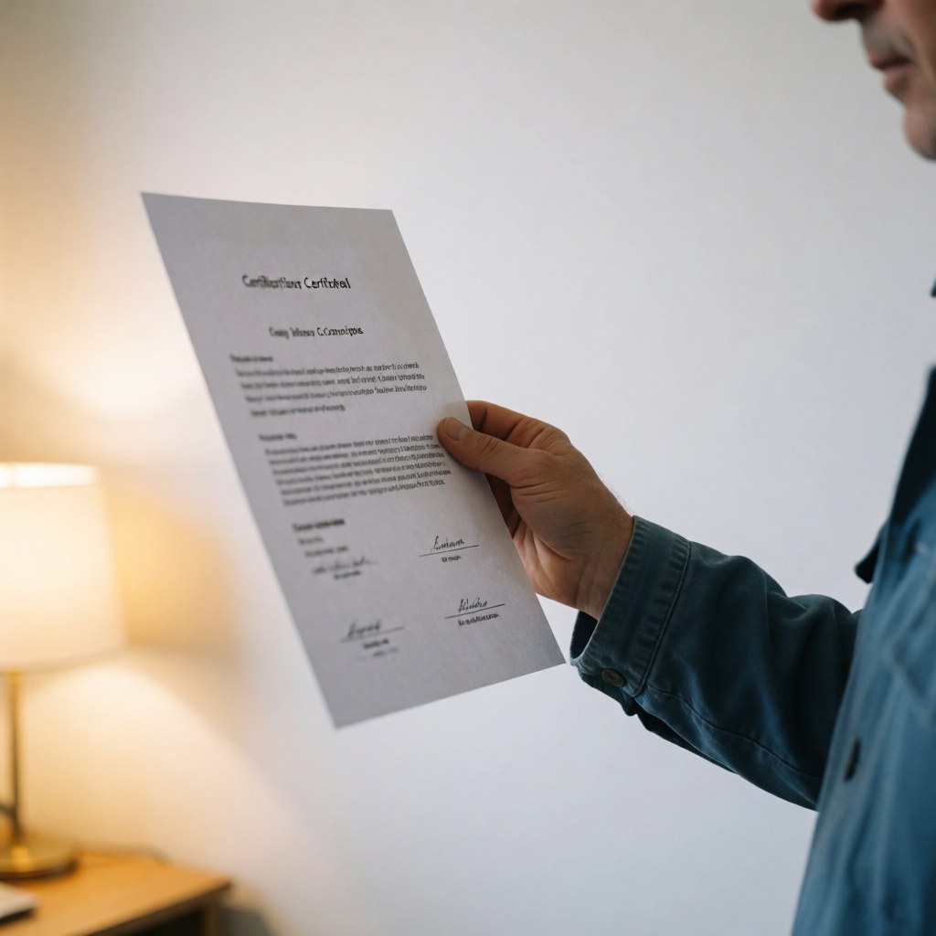 Une main tenant un certificat d'entraîneur de football devant un mur blanc, éclairé par une lumière chaude, idéal pour promouvoir des services de formation.