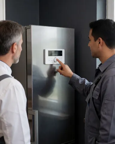 Un technicien ajuste le panneau de commande d'un réfrigérateur en acier inoxydable pendant qu'un client observe dans une cuisine aux murs gris.