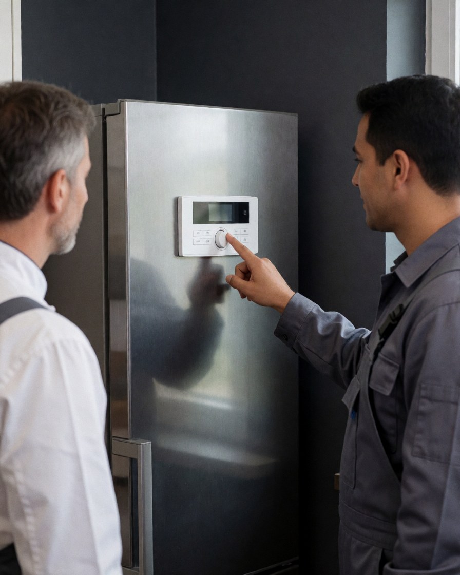Un technicien ajuste le panneau de commande d'un réfrigérateur en acier inoxydable pendant qu'un client observe dans une cuisine aux murs gris.