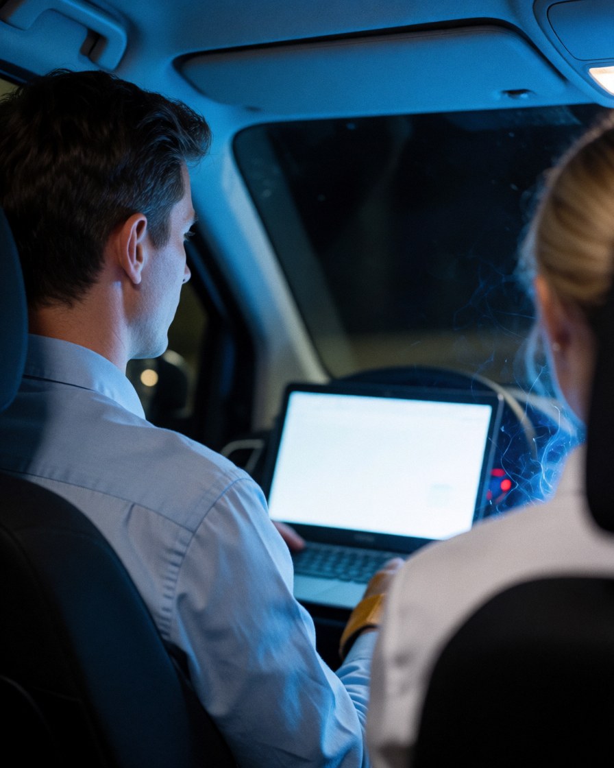 Deux personnes dans un véhicule la nuit, l'une utilise un ordinateur portable, éclairage bleu, ambiance calme, transport public.
