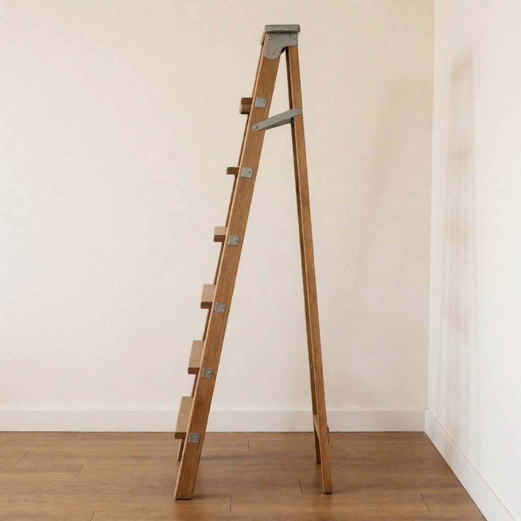 Escalier en bois avec marches pour présentation, idéal pour décoration verticale en intérieur avec sol en bois et murs blancs.