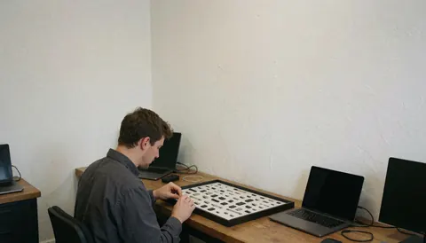 Un technicien révisant des chargeurs sur un comptoir en bois clair, avec des ordinateurs portables et des murs blancs dans un atelier de réparation électronique.