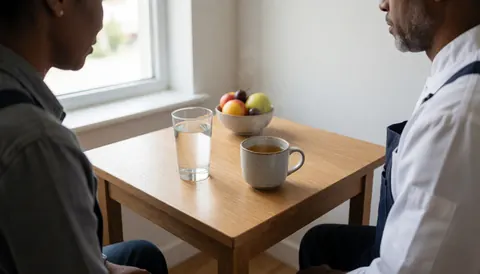 Deux personnes en profil face à une table en bois avec du thé fumant, de l'eau et des fruits frais dans un espace de détente après un massage.