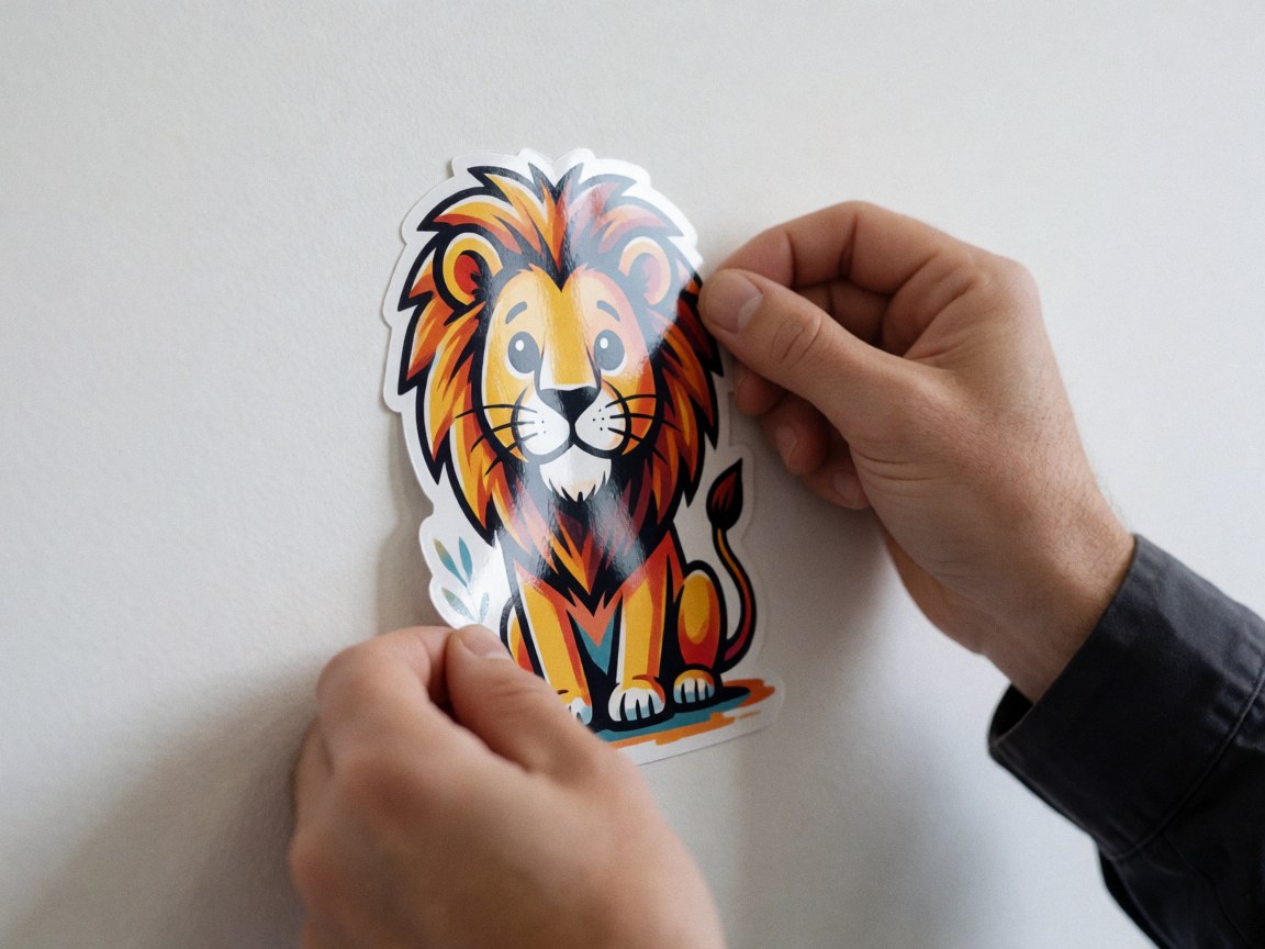 Une main applique un sticker de lion animé sur un mur blanc, détail d'une décoration de zoo au design brillant et lumineux.