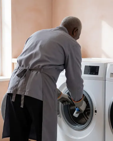 Un technicien en tenue de travail et gants applique un produit nettoyant sur une machine à laver dans un intérieur aux murs couleur terre cuite.