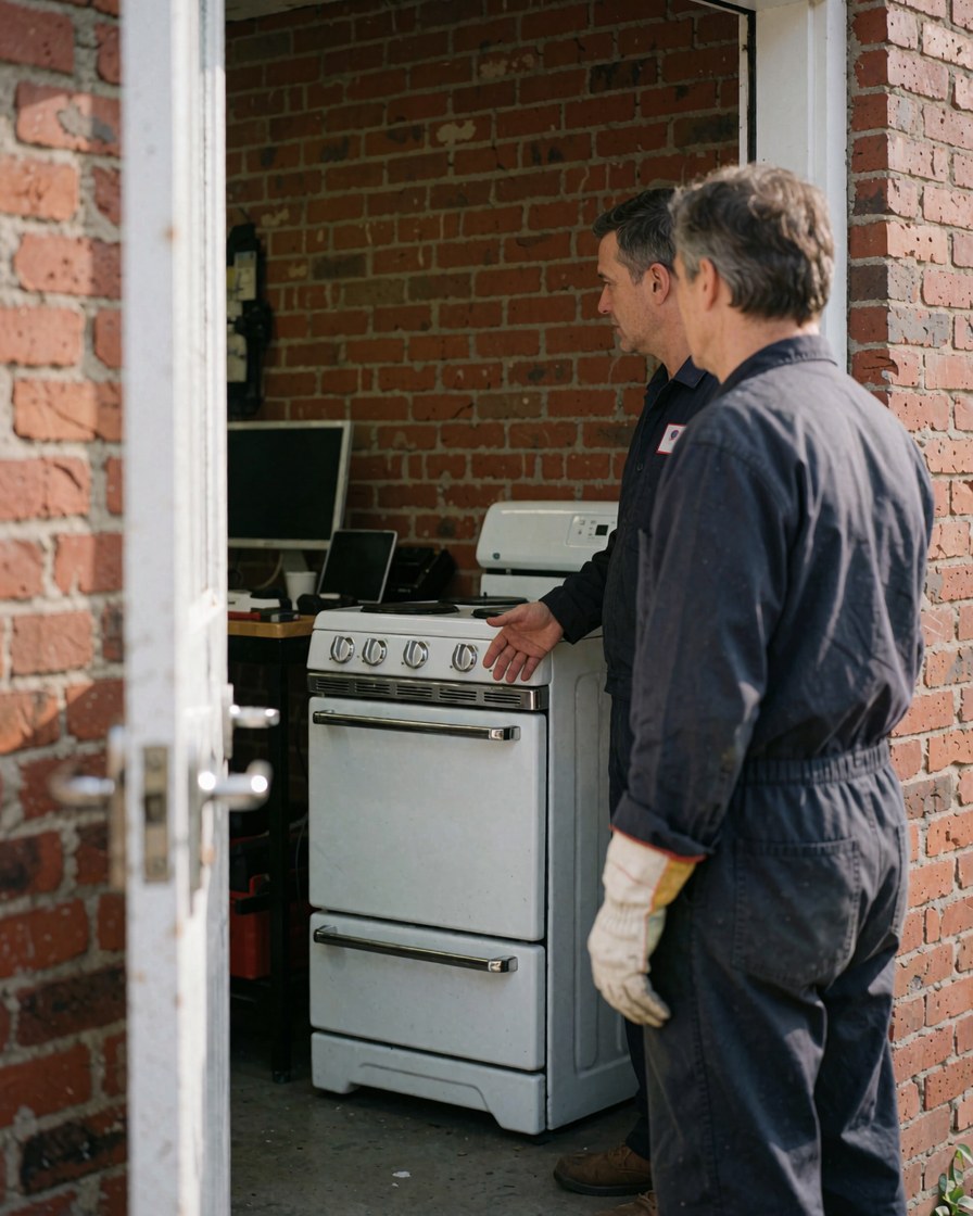 Un technicien et un client inspectent une cuisinière blanche propre à l'intérieur d'un atelier aux murs en briques.