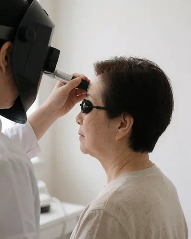 Un technicien applique un soin dermatologique sur le front d'un patient portant des lunettes de protection dans une clinique au mur blanc et à la lumière douce.