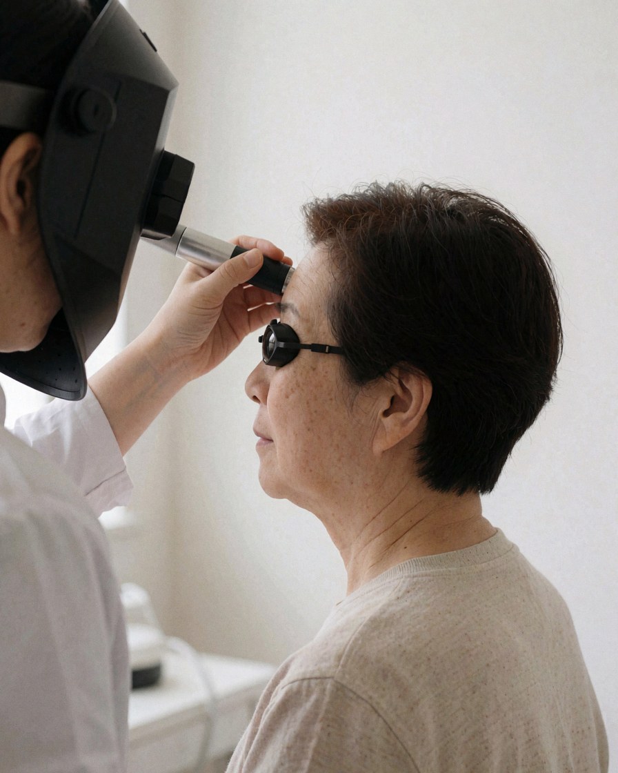 Un technicien applique un soin dermatologique sur le front d'un patient portant des lunettes de protection dans une clinique au mur blanc et à la lumière douce.