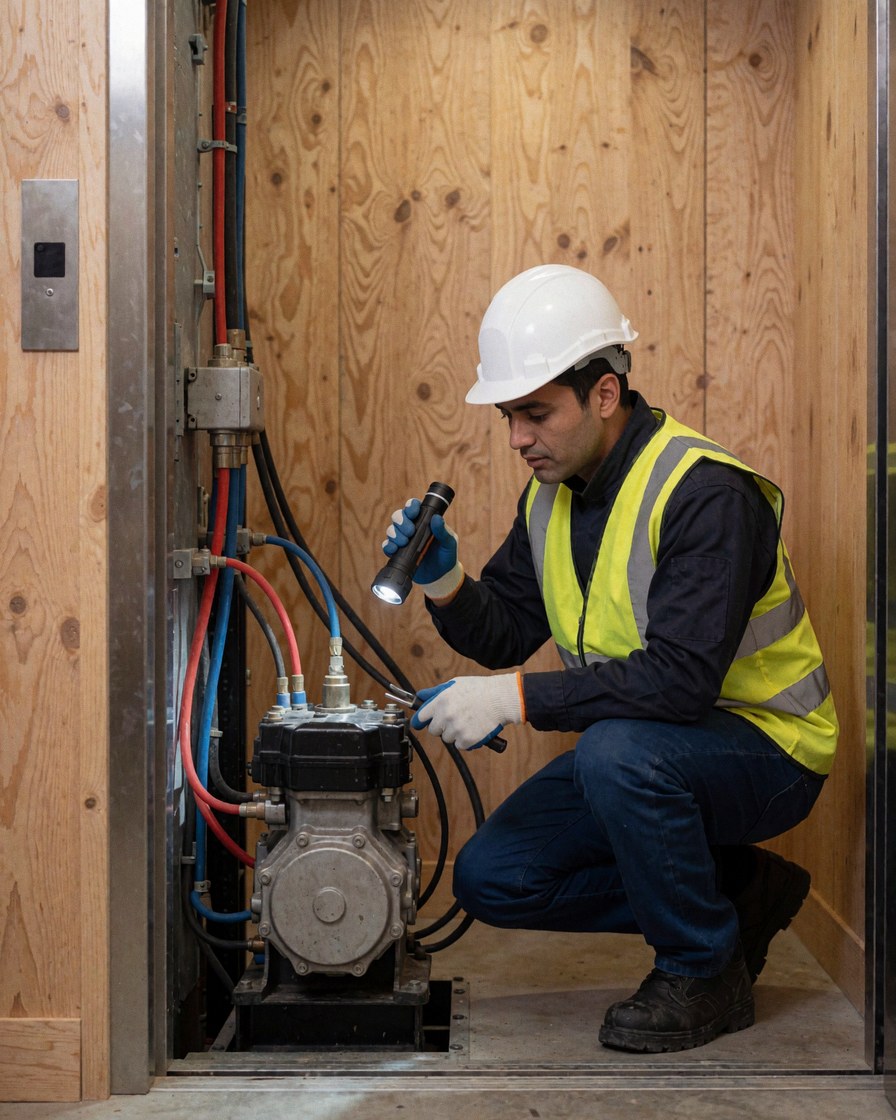 Un technicien en tenue de sécurité examine une pompe hydraulique dans la fosse d'un ascenseur, entouré de tuyaux et d'une lampe torche.