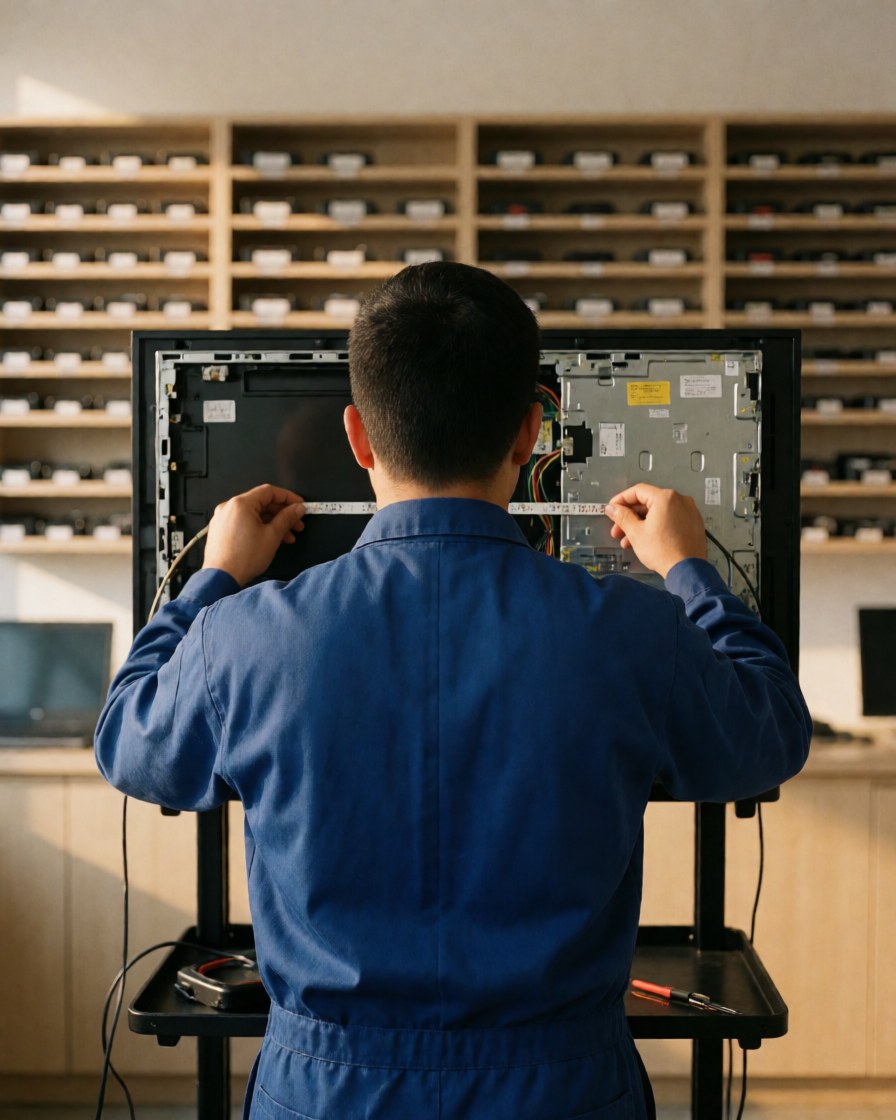 Un technicien en uniforme bleu pose une nouvelle bande LED sur le châssis d'un téléviseur, avec des étagères de composants en arrière-plan et un éclairage professionnel.