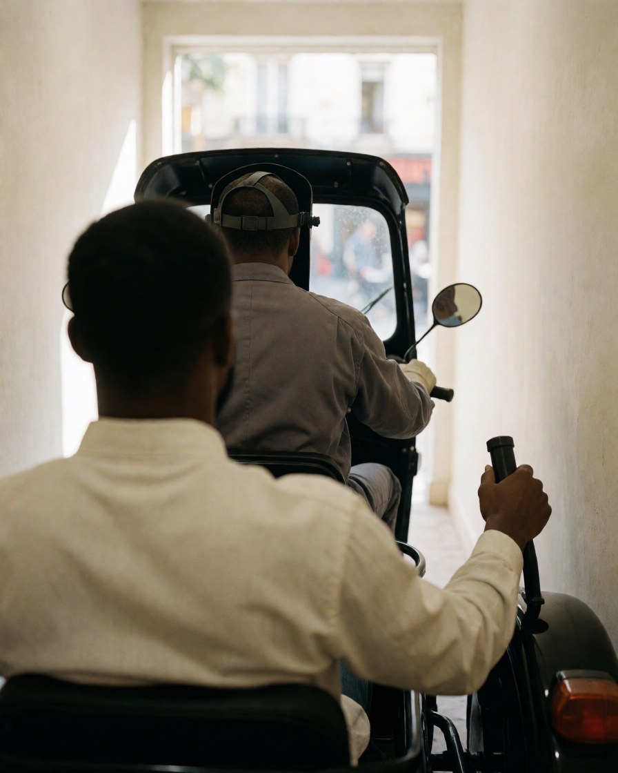 Vue arrière d'une cliente dans le sidecar d'un moto-taxi, le conducteur sur la route en milieu urbain, offrant un transport sécurisé en ville.