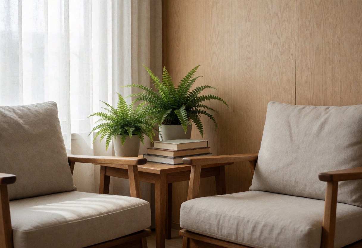 Deux fauteuils confortables avec coussins, table basse en bois avec livres et plante, mur en bois, idéal pour une maison d'hôtes.
