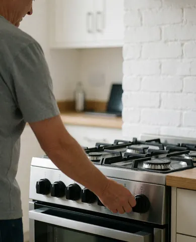 Un technicien ajuste la vanne d'une cuisinière à gaz dans une cuisine avec un mur de briques blanches, illustrant un service d'installation en cours.