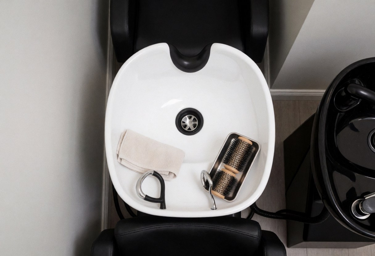 Station de lavage de cheveux propre et ordonnée dans un salon de beauté, avec serviette, brosses et chaise noire sur fond de murs gris chauds.