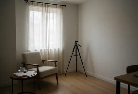 Studio photo vide avec chaise confortable, café et trépied, murs blancs et sol en bois clair, idéal pour les portraits.