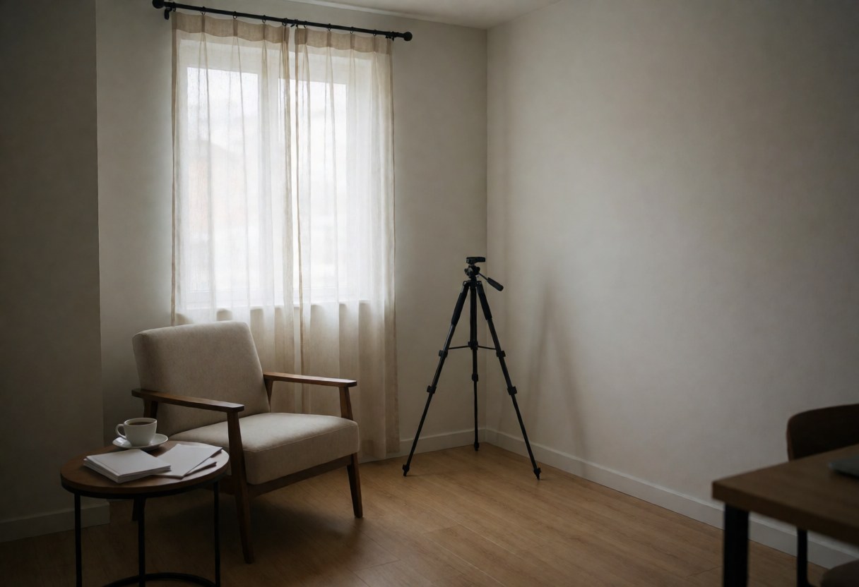 Studio photo vide avec chaise confortable, café et trépied, murs blancs et sol en bois clair, idéal pour les portraits.
