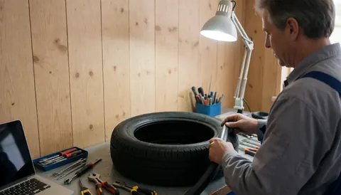 Mécanicien posant une chambre à air sur un pneu au-dessus d'un établi, entouré d'outils, avec des murs en bois et un espace pour le texte.