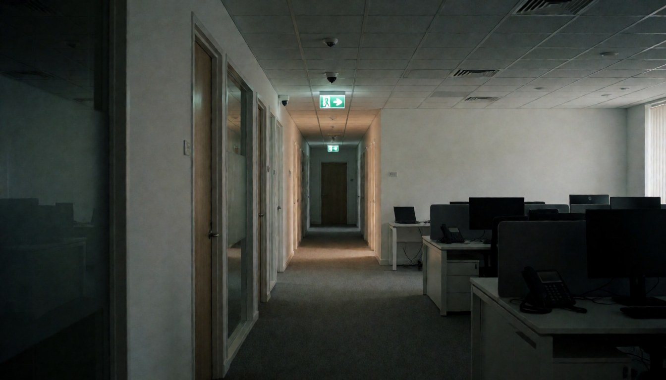 Couloir de bureau moderne vide avec lumières d'urgence et caméras de sécurité, idéal pour fond de texte sur la sécurité.