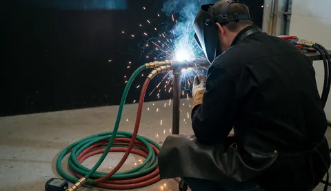 Soudeur professionnel portant un casque de protection et des tuyaux de gaz vert et rouge, travaillant sur un tuyau en acier avec des étincelles brillantes dans un atelier industriel.